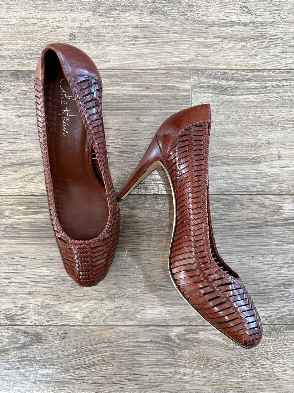 Cole Haan Brown Woven Leather Pointed-Toe shoes heels sz 8.5